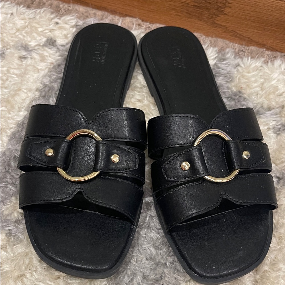 NEW Chic Black Slide Sandals with Gold Buckle